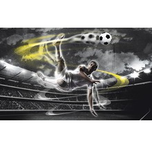 Fotbalist executând o lovitură spectaculoasă într-un stadion cu o minge de fotbal