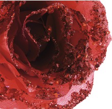 Trandafir artificial decorativ, roșu, cu accente sclipitoare.