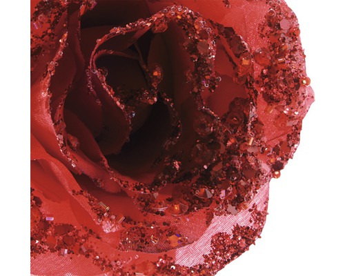 Trandafir artificial decorativ, roșu, cu accente sclipitoare.