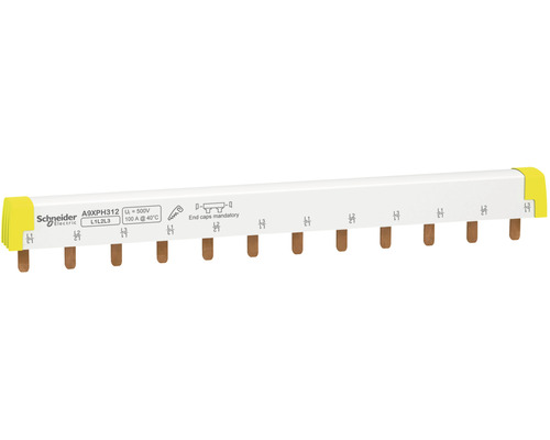 Bară busbar tip pieptene Schneider Acti9 3P 100A 12x, pentru tablouri electrice Logo Schneider Electric A9XPH312 Bară de alimentare cu capace galbene