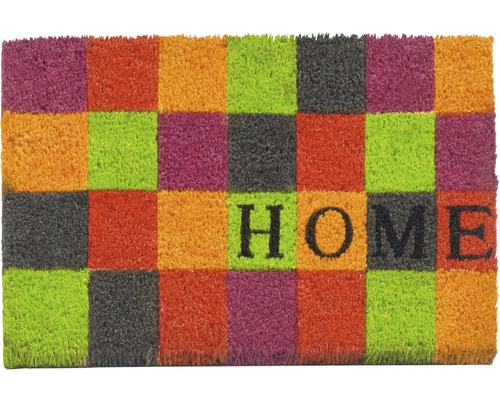 Covor de intrare cu model de tablă de șah și inscripția HOME