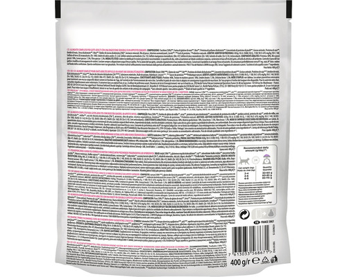 Spatele ambalajului cu hrană pentru pisici cu ingrediente și recomandări de hrănire