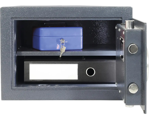 Seif deschis cu casetă de bani și dosar