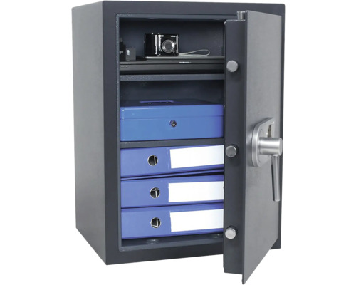 Seif deschis cu dosare, casetă de bani și dispozitive electronice