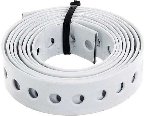 Bandă metalică perforată pentru montaj Alberts 12x1 mm 1,5m, alb Bandă de montaj perforată din metal, înfășurată și fixată cu o bandă de cablu.