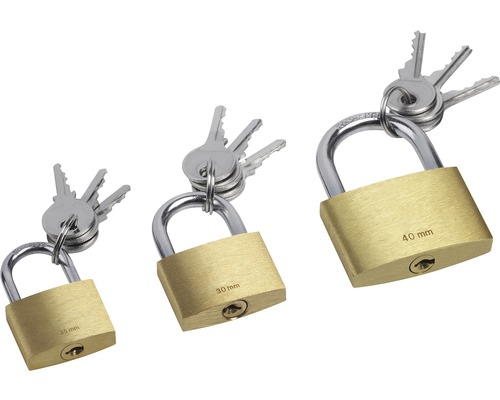 Trei lacăte din alamă cu chei de dimensiunile 25 mm, 30 mm și 40 mm