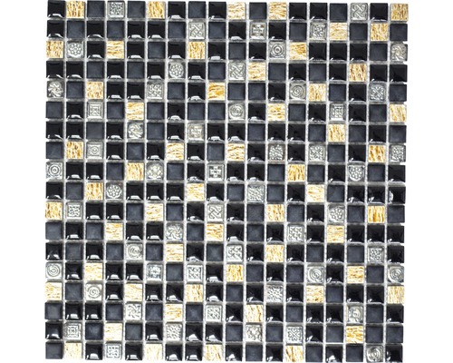 Mozaic piatră naturală XRS S3K negru-auriu 30x30 cm Placă de mozaic cu elemente pătrate din sticlă neagră, gri și aurie