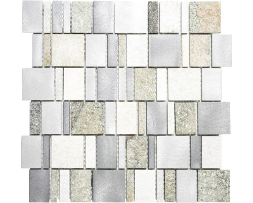 Mozaic piatră naturală-aluminiu XSA 515 argintiu 30x30 cm Placă de mozaic din piatră naturală și metal