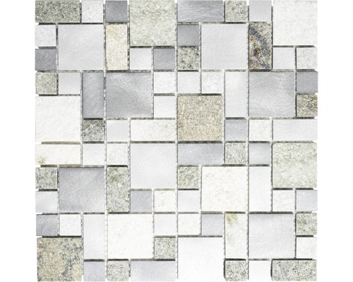 Mozaic piatră naturală-aluminiu XSA 525 argintiu 30x30 cm Placă de mozaic cu efect de piatră și metal