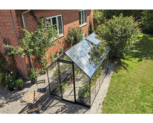Seră de sticlă cu cadru de oțel în grădină