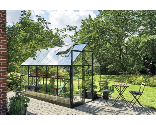 Seră în grădină cu plante și set de masă de grădină