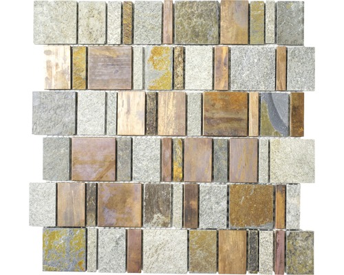 Mozaic piatră natruală-cupru XSK 585 bronz 30x30 cm Placă de mozaic din piatră naturală cu elemente dreptunghiulare și pătrate