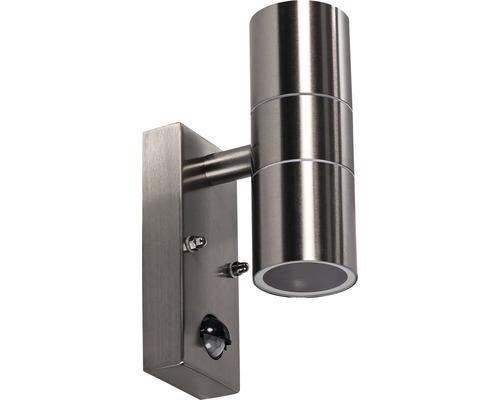 Aplică exterior sus/jos Antal GU10 max. 2x35W, senzor de mișcare, IP65, crom Lampa de perete din oțel inoxidabil cu senzor de mișcare pentru exterior