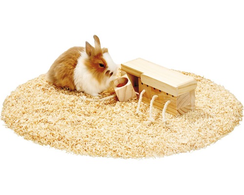 Iepure pe așchii de lemn cu căsuță de lemn și iesle de fân