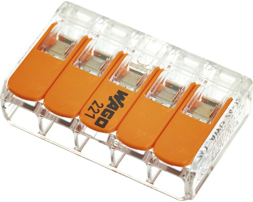 Cleme legături rapide cabluri Wago 5x max. 4 mm², pachet 25 bucăți (gama 221) Bornă Wago 221 cu cinci poli pentru conexiuni electrice