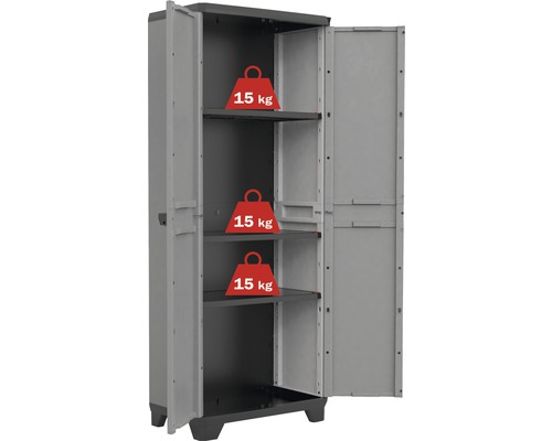 Dulap din plastic cu trei rafturi, fiecare cu o capacitate portantă de 15 kilograme