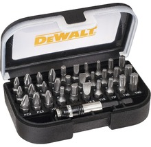 Logo DeWalt. Set de biți cu diverse biți de șurubelniță în cutie de depozitare.