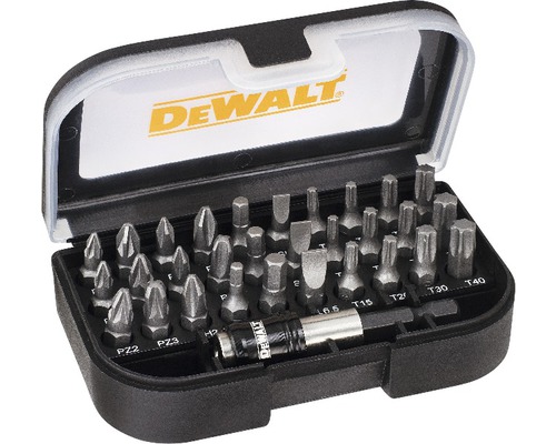Set de înșurubare DeWalt 25mm, 31 bucăți Logo DeWalt. Set de biți cu diverse biți de șurubelniță în cutie de depozitare.