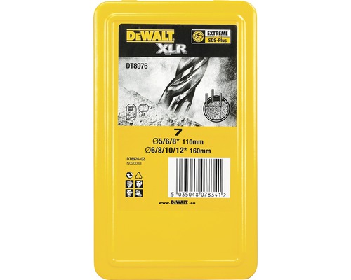 Set burghie Dewalt XLR cu diferite dimensiuni în ambalaj galben