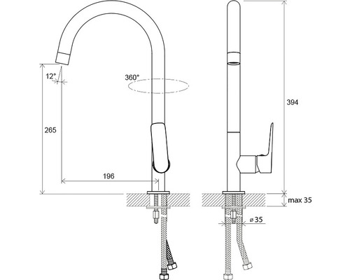 Desen al unui robinet de bucătărie cu dimensiuni