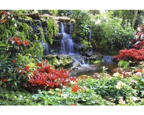 Scenă decorativă de grădină cu cascadă, pietre și plante tropicale