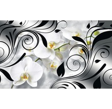 Fototapet cu orhidee albe și ornamente negre