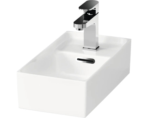 Chiuvetă albă pentru spălarea mâinilor cu baterie monocomandă cromată