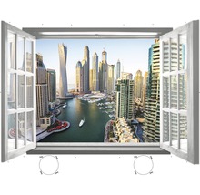 Autocolant de perete cu vedere de la fereastră spre un orizont cu zgârie-nori și apă