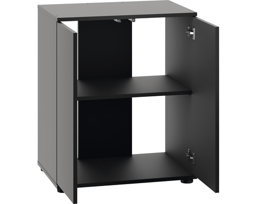 Dulap inferior negru cu două uși deschise și două rafturi