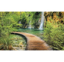 Potecă de lemn peste un lac cu o cascadă în fundal