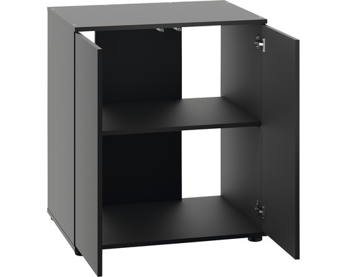 Dulap inferior negru cu două uși deschise și două rafturi