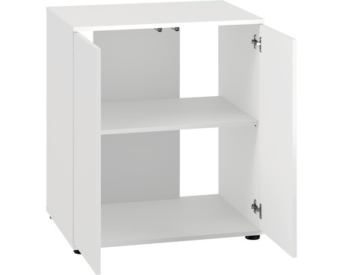 Dulap inferior alb cu două uși deschise și un raft