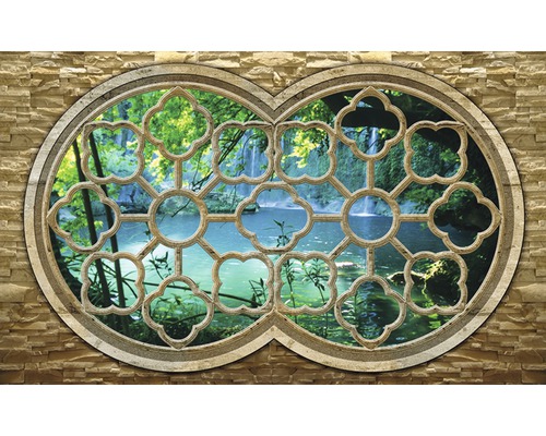 Tapet cu vedere de la fereastră la o cascadă în pădure