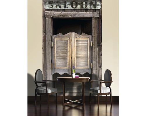 Scenă cu o pictură murală cu ușa de salon, o masă și două scaune