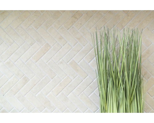 Faianță de perete deschisă la culoare, cu model herringbone și iarbă ornamentală decorativă