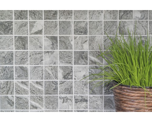 Plăci de mozaic gri cu aspect de marmură și plantă în ghiveci
