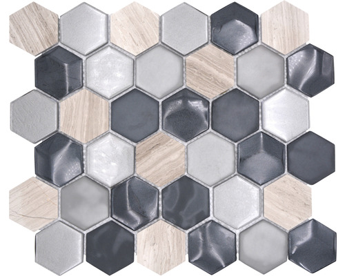 Mozaic sticlă-piatră naturală HXN 22 gri 30x26 cm Mozaic hexagonal din sticlă și lemn