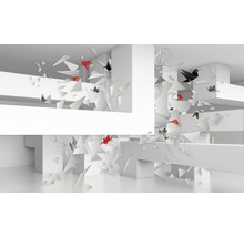 Design abstract de spațiu cu forme albe și păsări origami