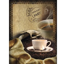 Ceașcă de cafea cu boabe de cafea și sac de iută pe masă