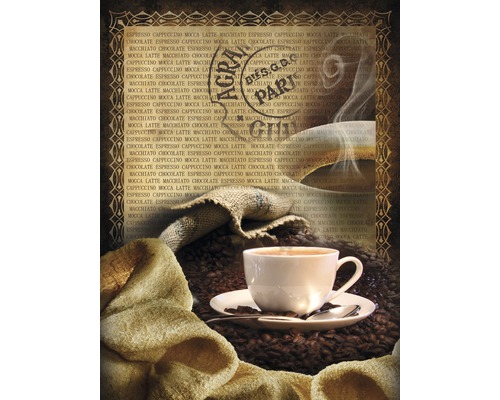 Ceașcă de cafea cu boabe de cafea și sac de iută pe masă