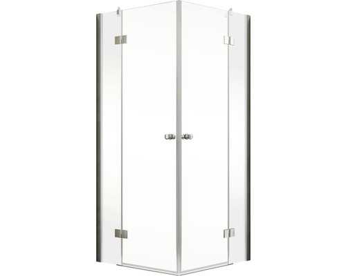 Cabină de duș pe colț cu două uși pivotante din sticlă