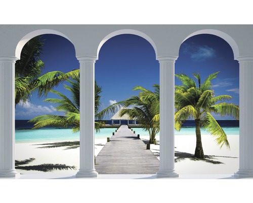 Fototapet cu motiv de coloane și vedere spre o plajă tropicală cu palmieri și ponton