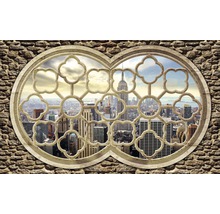 Vedere de la fereastră spre orizontul New York-ului cu Empire State Building într-un zid