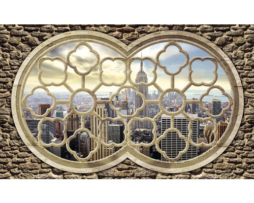 Vedere de la fereastră spre orizontul New York-ului cu Empire State Building într-un zid