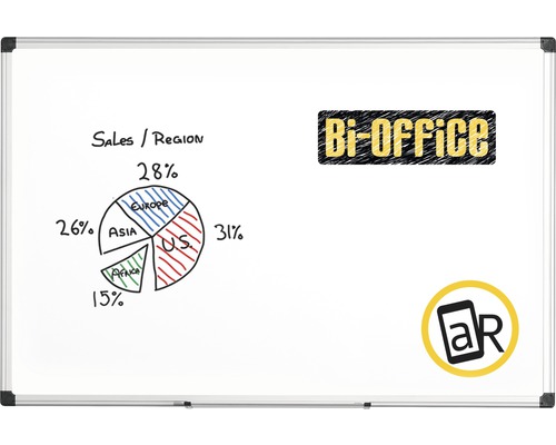 Whiteboard cu statistici de vânzări pe regiuni, logo Bi-Office și simbol aR