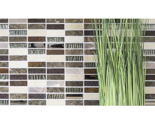 Perete de plăci de mozaic cu plăci dreptunghiulare și plante