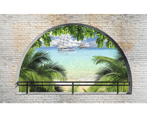 Imagine de perete cu vedere la nave cu pânze și palmieri pe litoral