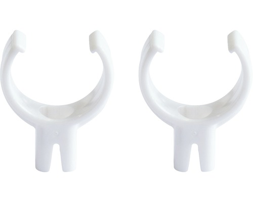 Două cleme albe din plastic pentru fixarea țevilor.