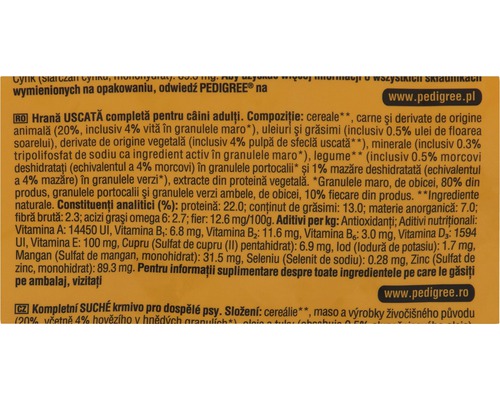 Ingrediente și informații nutriționale pentru hrana uscată pentru câini Pedigree