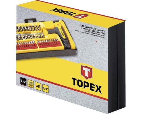 Logo Topex. Set de biți de șurubelniță și chei tubulare cu 41 de piese